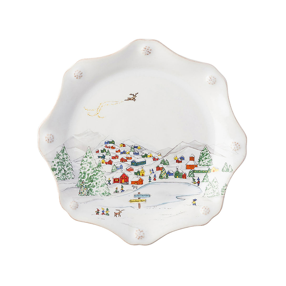 North Pole scalloped salad plate with the elves' village