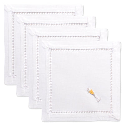 Henry Handwork white linen cocktail napkins with hemstitch border and champagne glass embroidery.