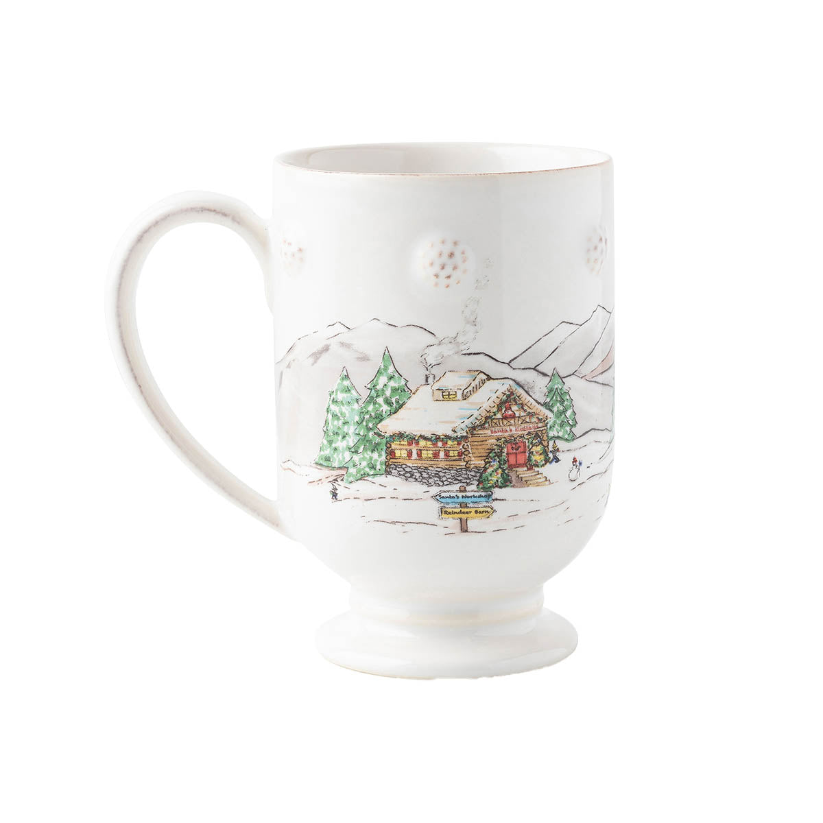 North Pole footed mug showing Santa's cottage in the snow