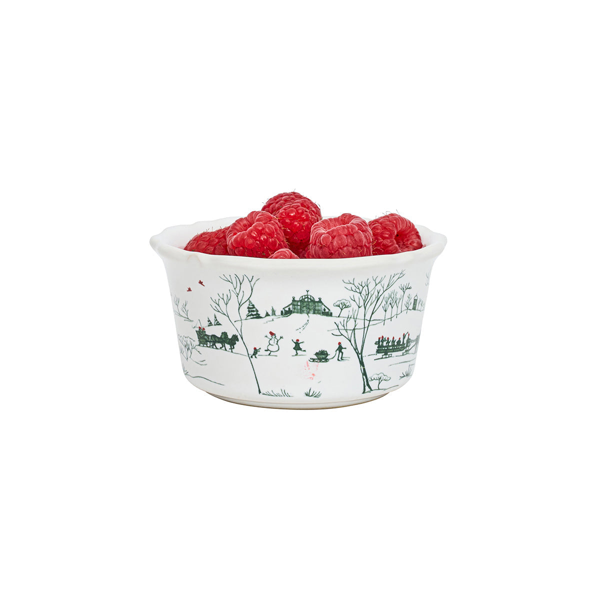 Evergreen Winter Frolic ramekin filled with raspberries