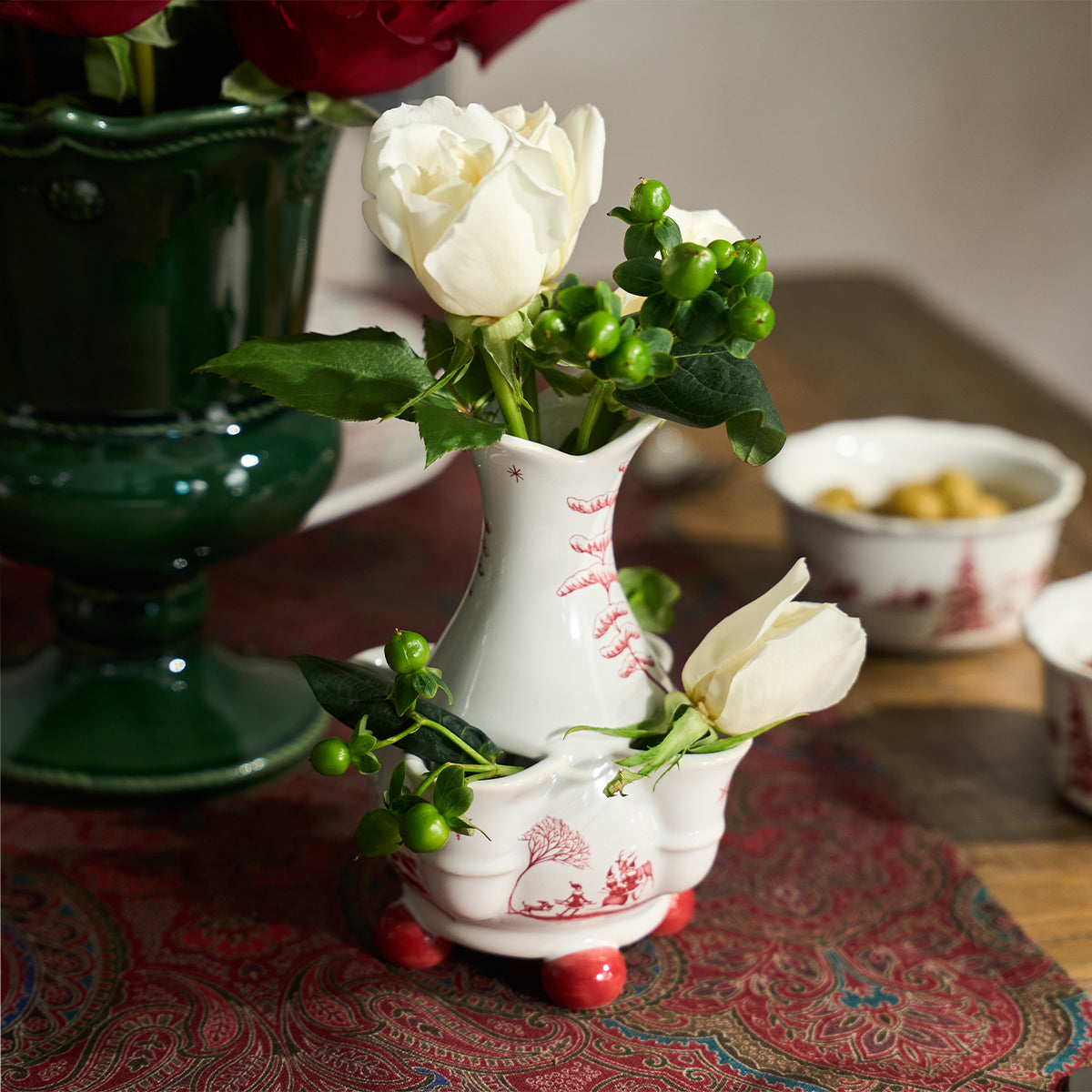 Ruby Winter Frolic petite tulipiere vase with white tulips and roses