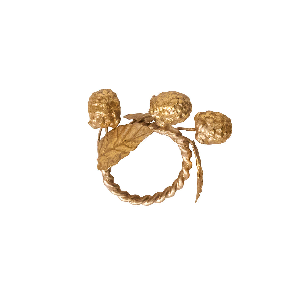 Juliska Forest Walk gold napkin ring with pinecones and leaves