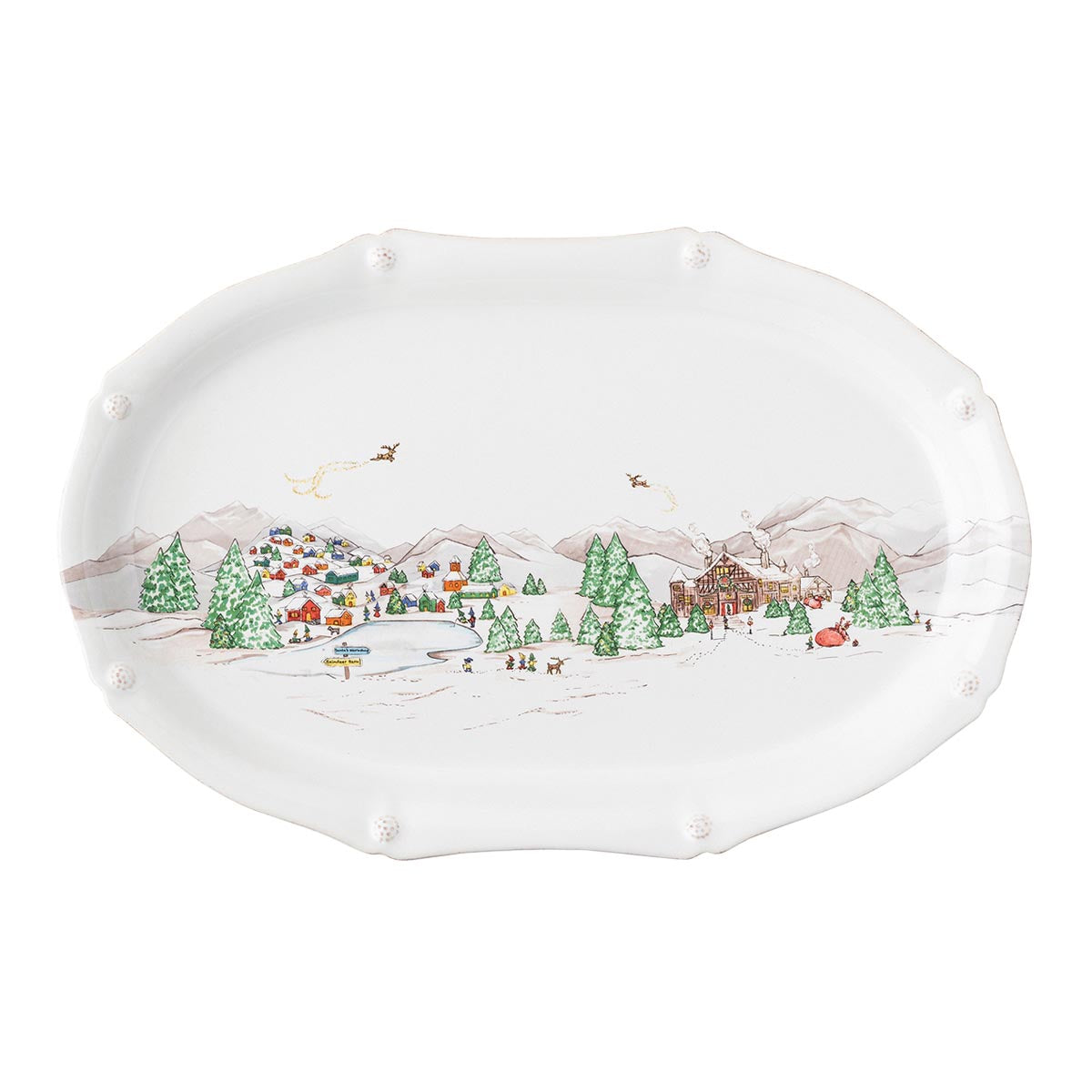Juliska Berry & Thread North Pole 17 inch scalloped oval platter with the elves' village and toy workshop