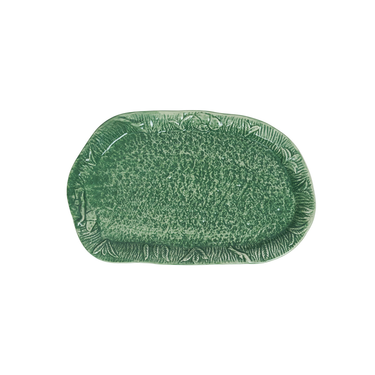 Green leaf textured base of the Juliska Forest Walk stag butter dish, shown without its lid