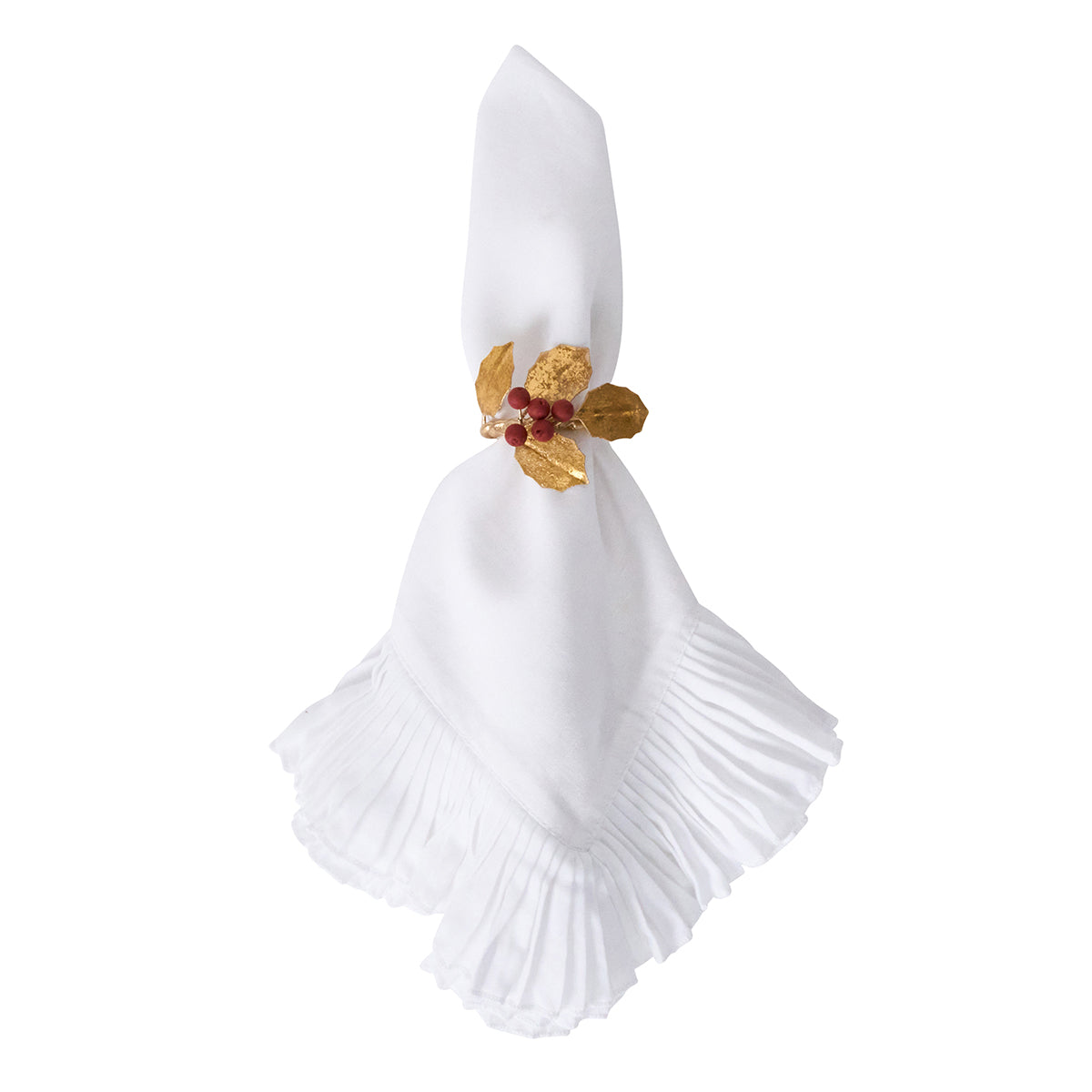 Juliska Forest Walk gold holly napkin ring with red berries on a white ruffled napkin