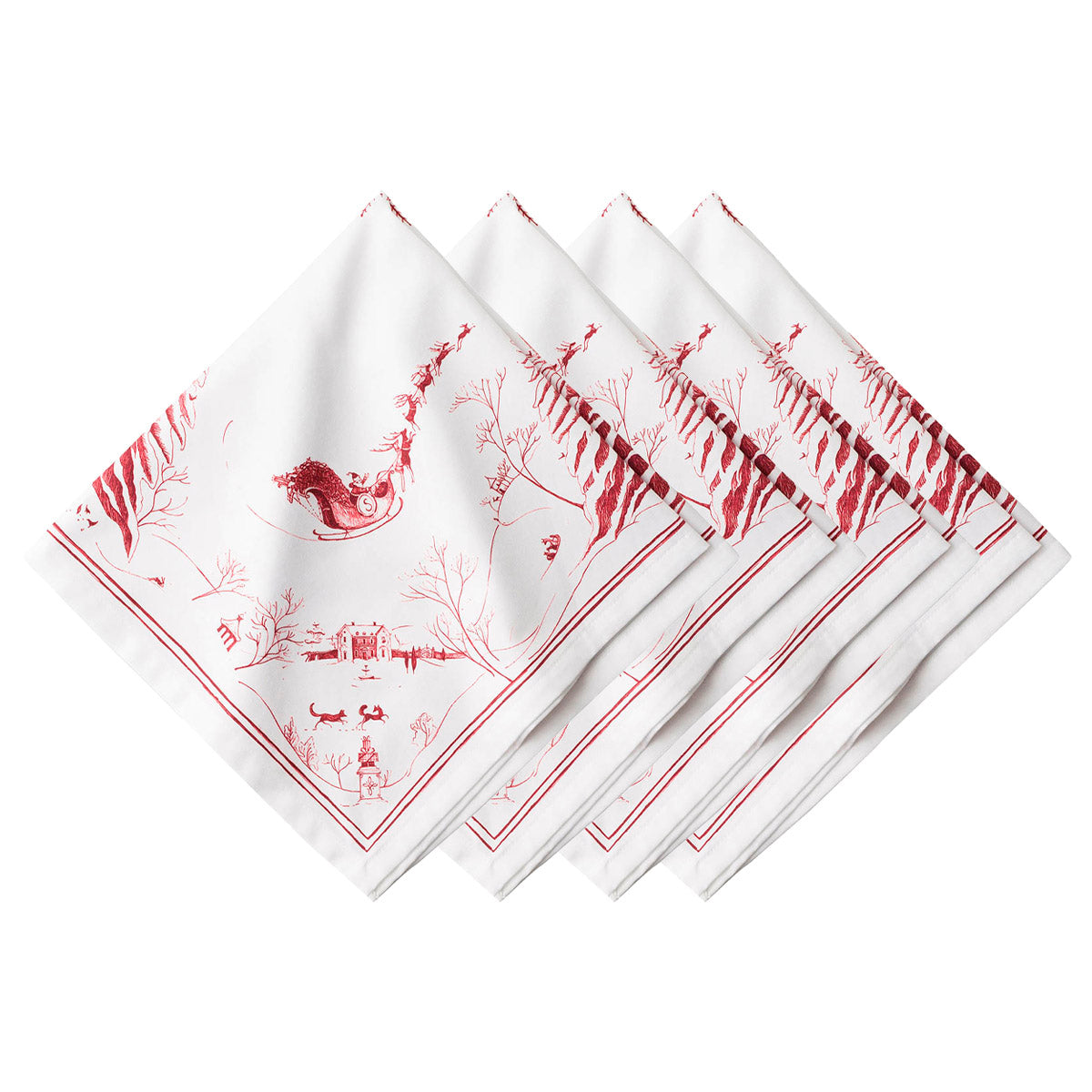 Juliska Country Estate Winter Frolic set of four ruby cotton napkins with Santa's sleigh and fir trees