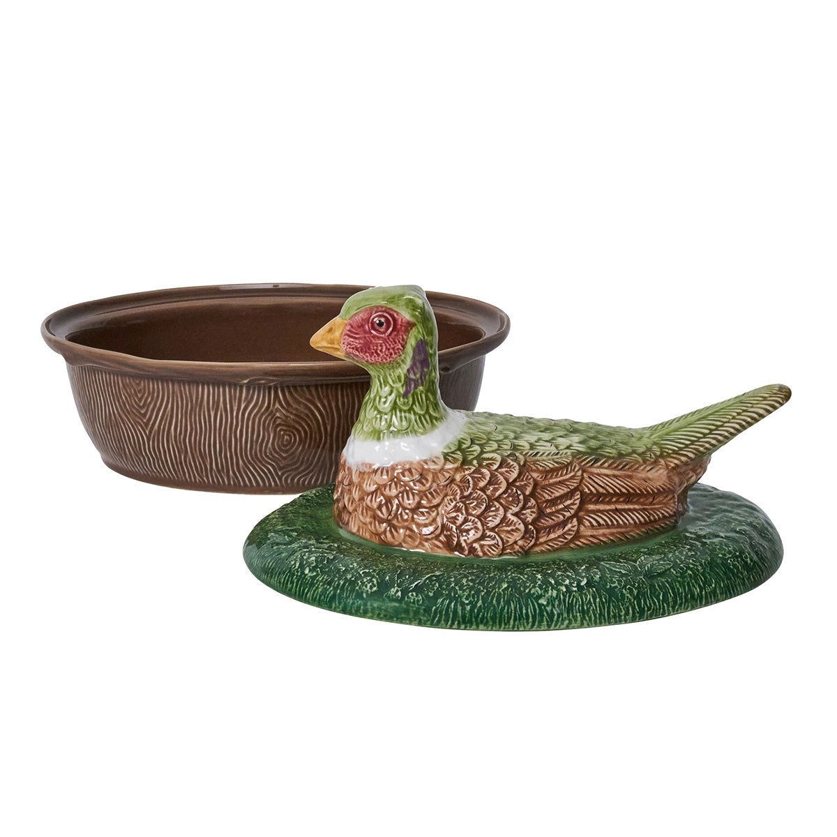 Juliska Forest Walk pheasant lidded baker, empty, with the pheasant lid set beside the dish