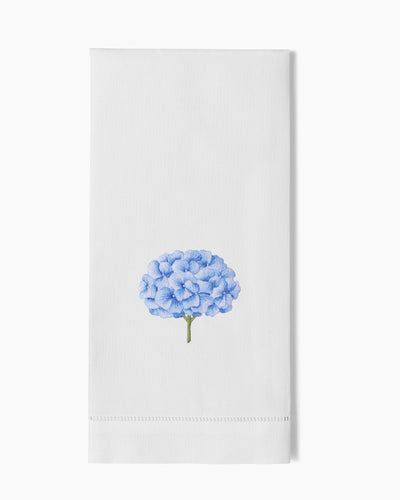 Henry Handwork white linen hand towel with blue hydrangea stem embroidery.