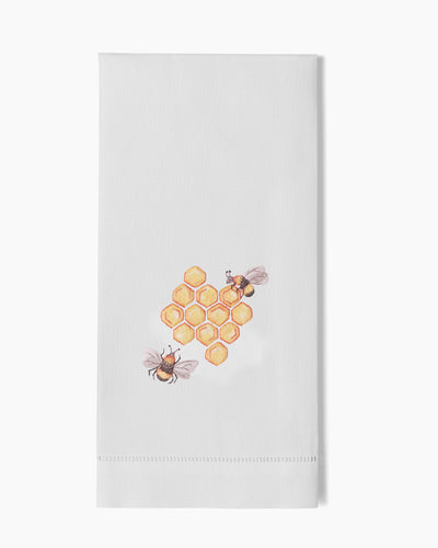 Henry Handwork Honeycomb Bees white linen hand towel with embroidered bees and honeycomb.