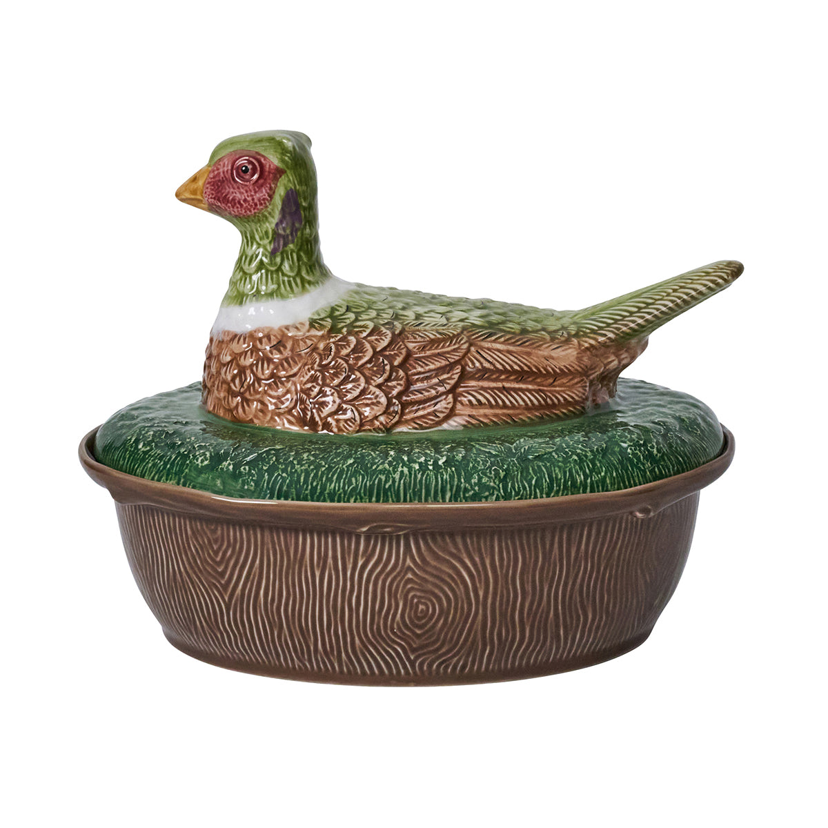 Juliska Forest Walk oval lidded baker with a pheasant on a green grass lid over a brown bark-textured dish