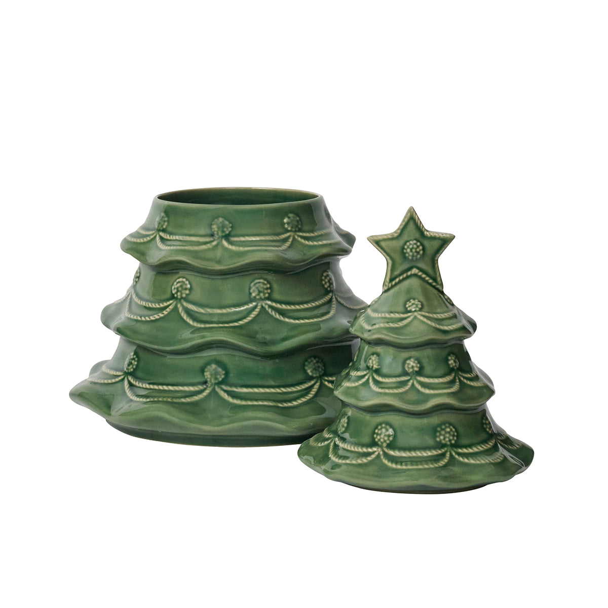 Basil Christmas tree cookie jar with its lid set beside the base