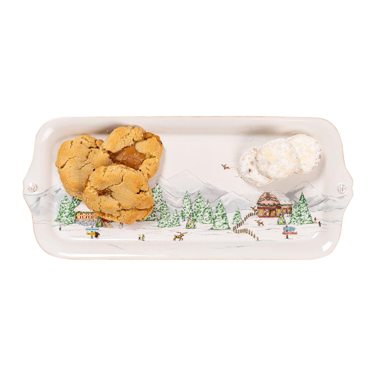 North Pole hostess tray holding cookies and a small dish of cream