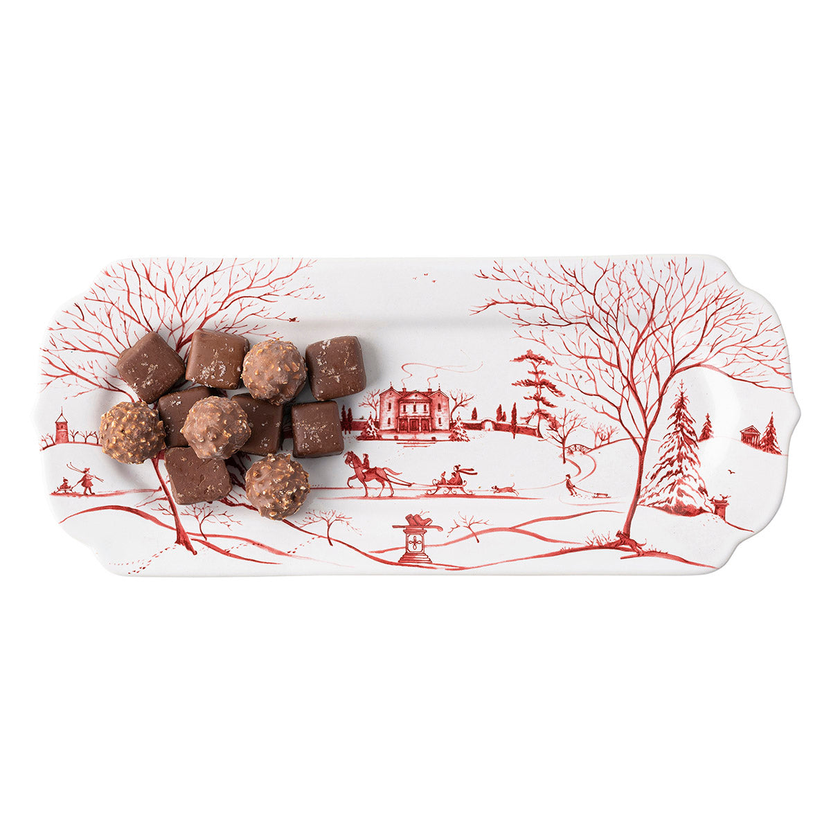 Ruby Winter Frolic hostess tray holding chocolate truffles