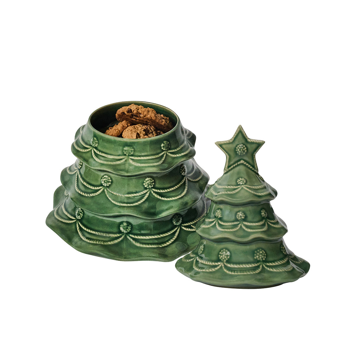 Basil Christmas tree cookie jar filled with cookies, lid set beside it