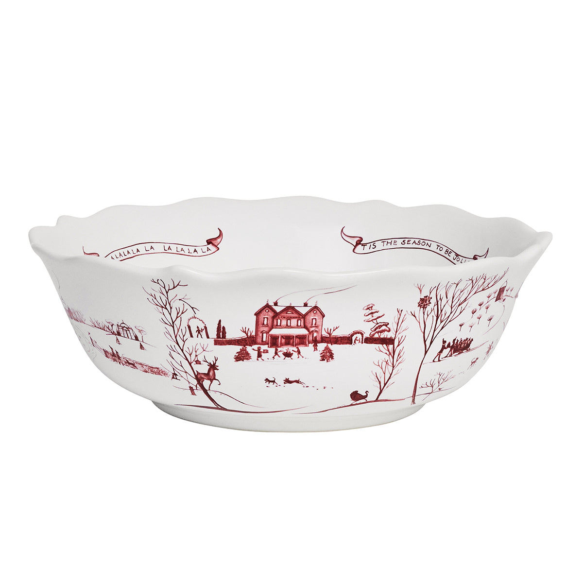 Juliska Country Estate Winter Frolic 11 inch serving bowl in ruby with a scalloped rim and snowy estate