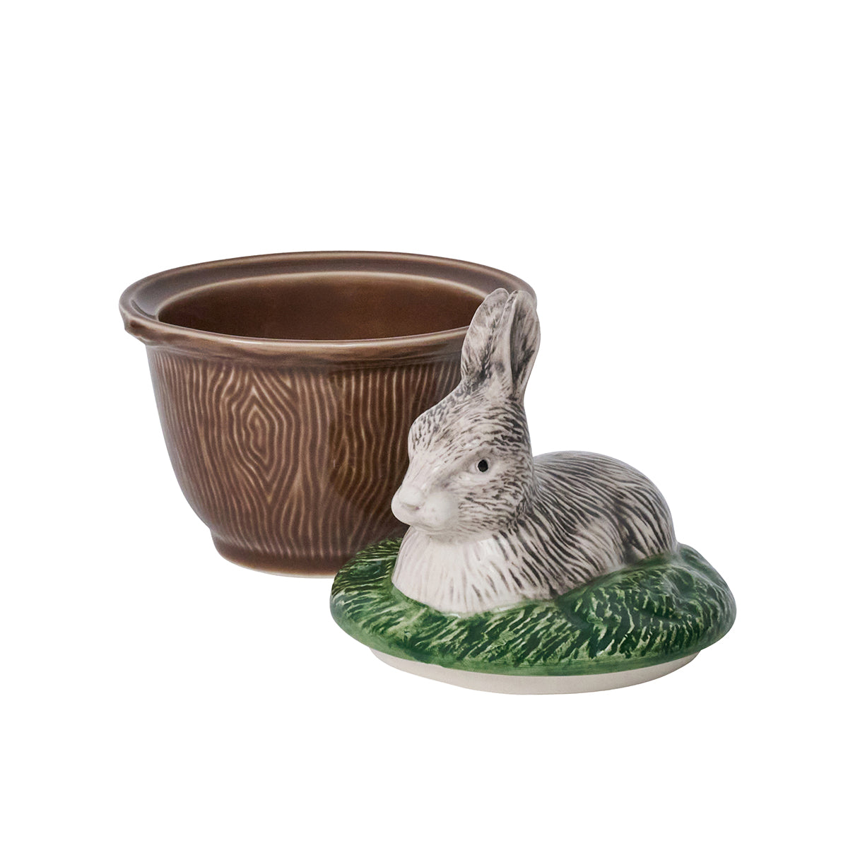 Juliska Forest Walk rabbit lidded bowl, empty, with the rabbit lid set beside the bowl