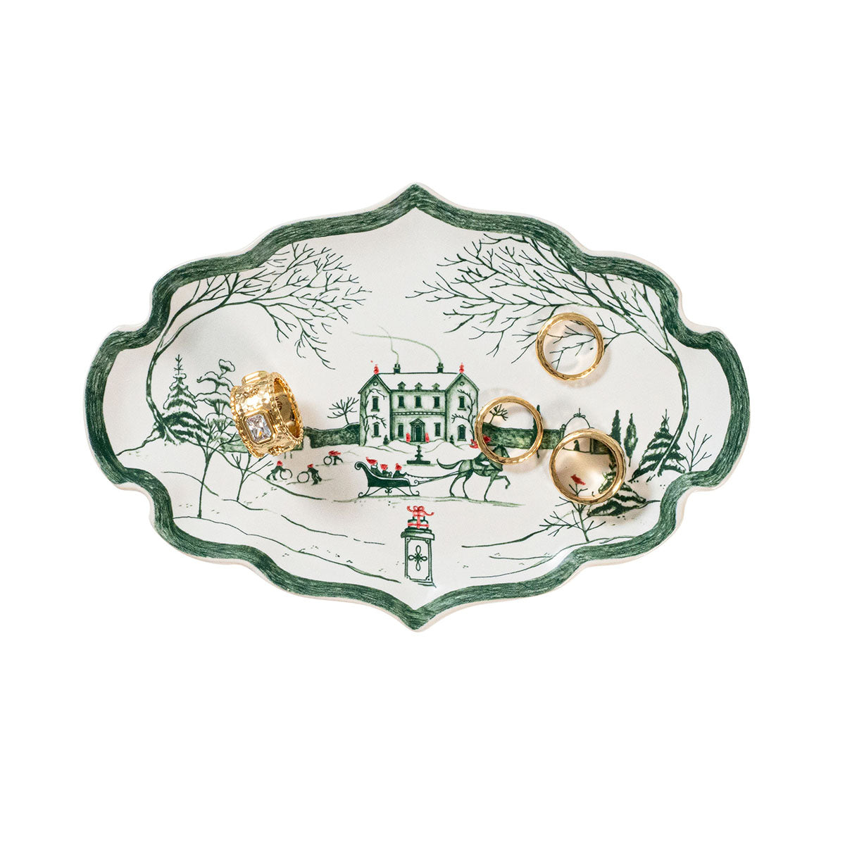 Evergreen Winter Frolic small tray holding gold rings