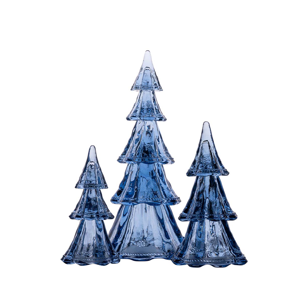 Three blue glass Berry & Thread trees of different heights grouped together