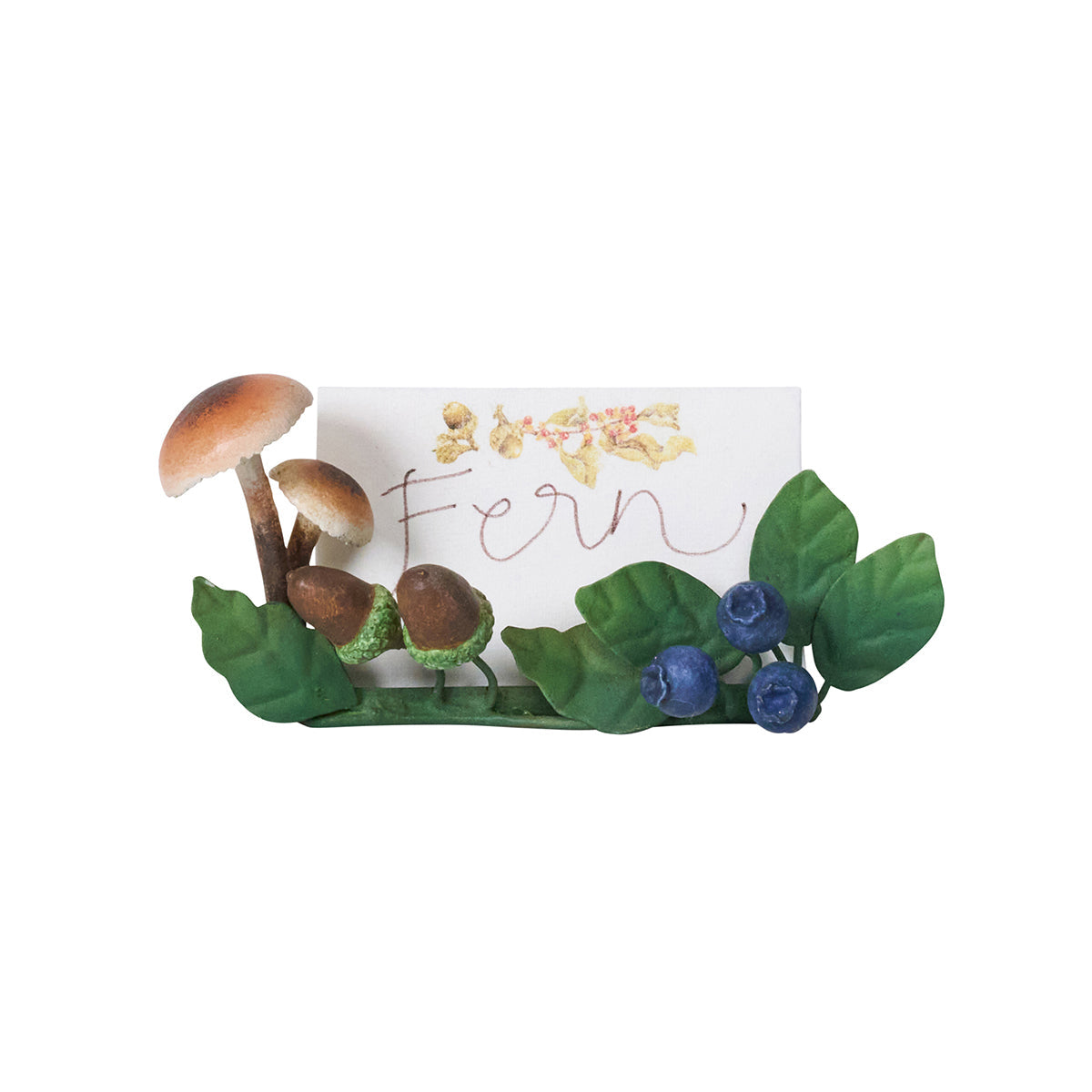 Juliska Forest Walk mushroom and acorn place card holder holding a card that reads Fern