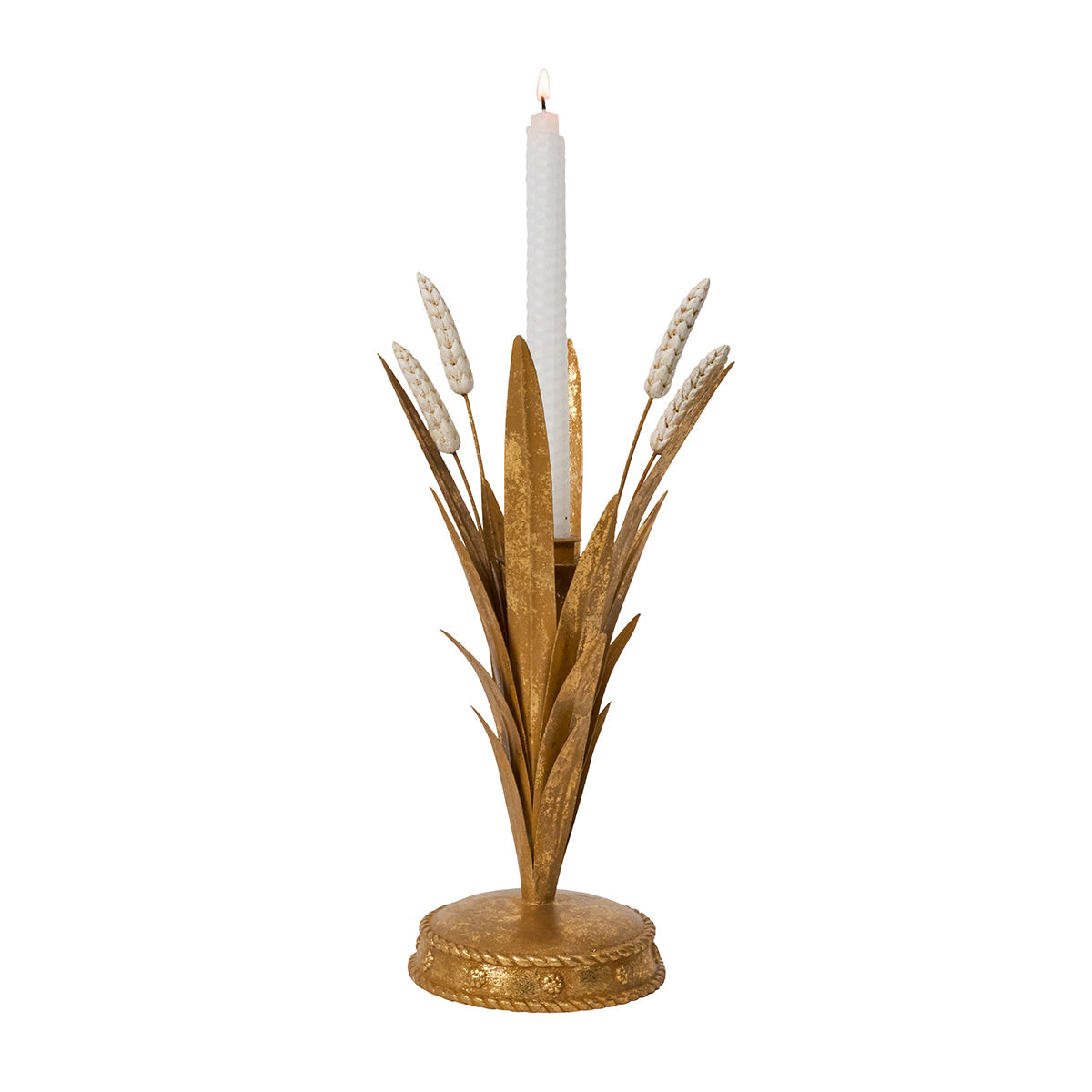 Juliska Forest Walk 13 inch gold wheat candlestick holder holding a white taper candle