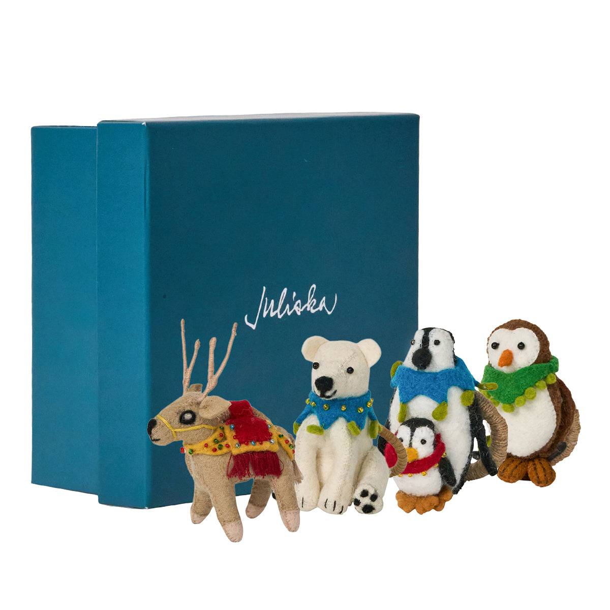 North Pole felt animal napkin rings beside their blue Juliska gift box