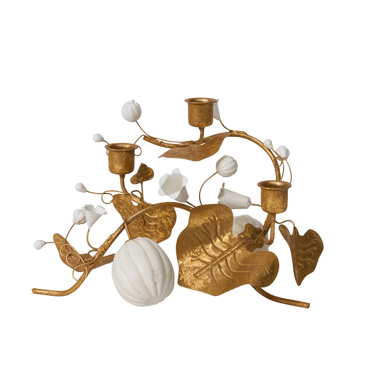 Juliska Forest Walk gold pumpkin and vine triple candlestick holder with a white pumpkin and leaves
