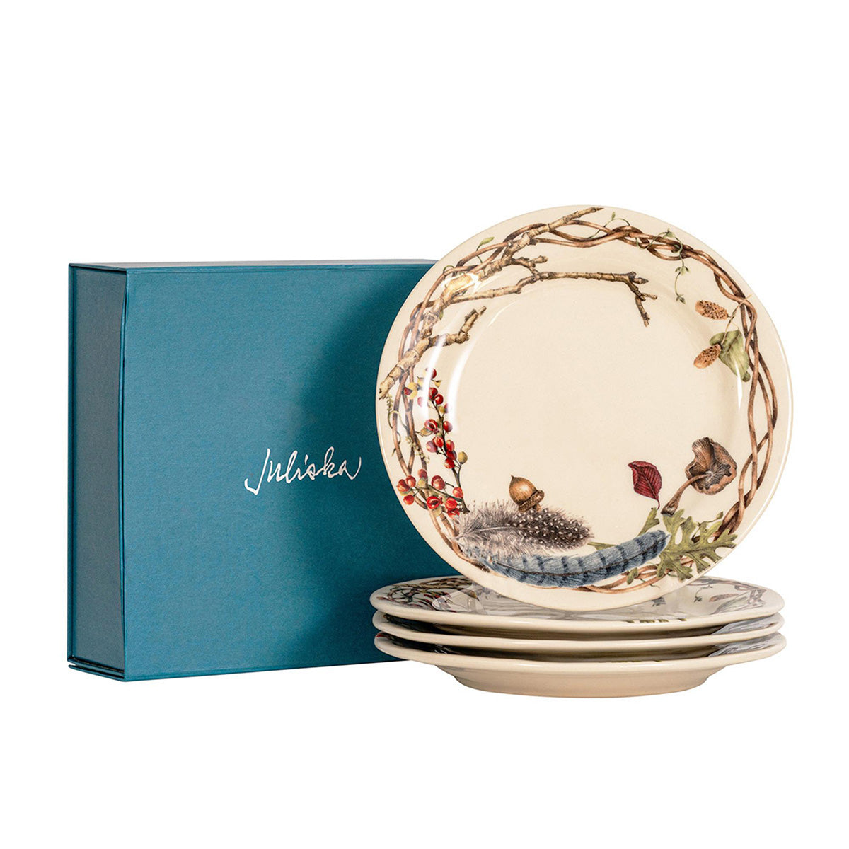 Juliska Forest Walk party plates stacked beside a teal Juliska gift box