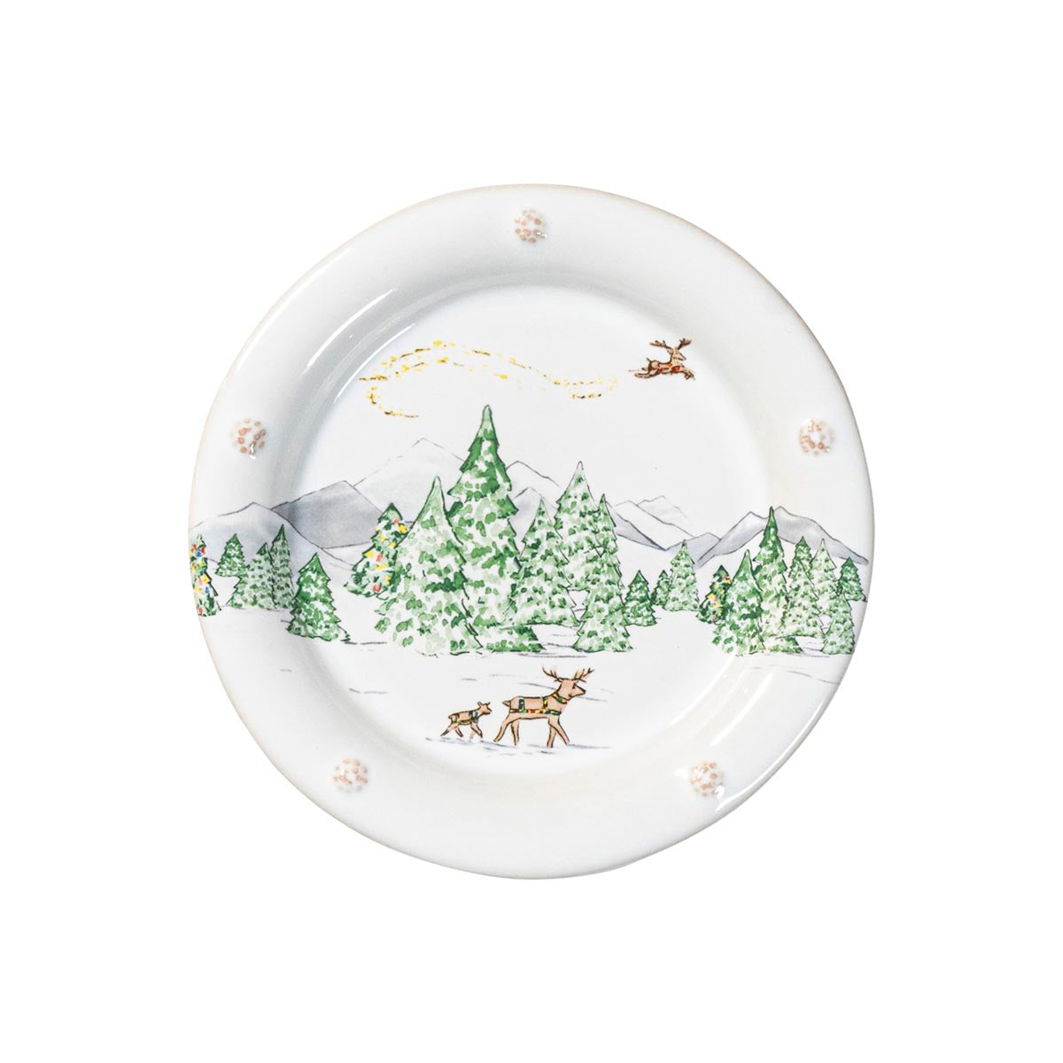 North Pole side plate with a snowy evergreen forest, a reindeer and a flying sleigh