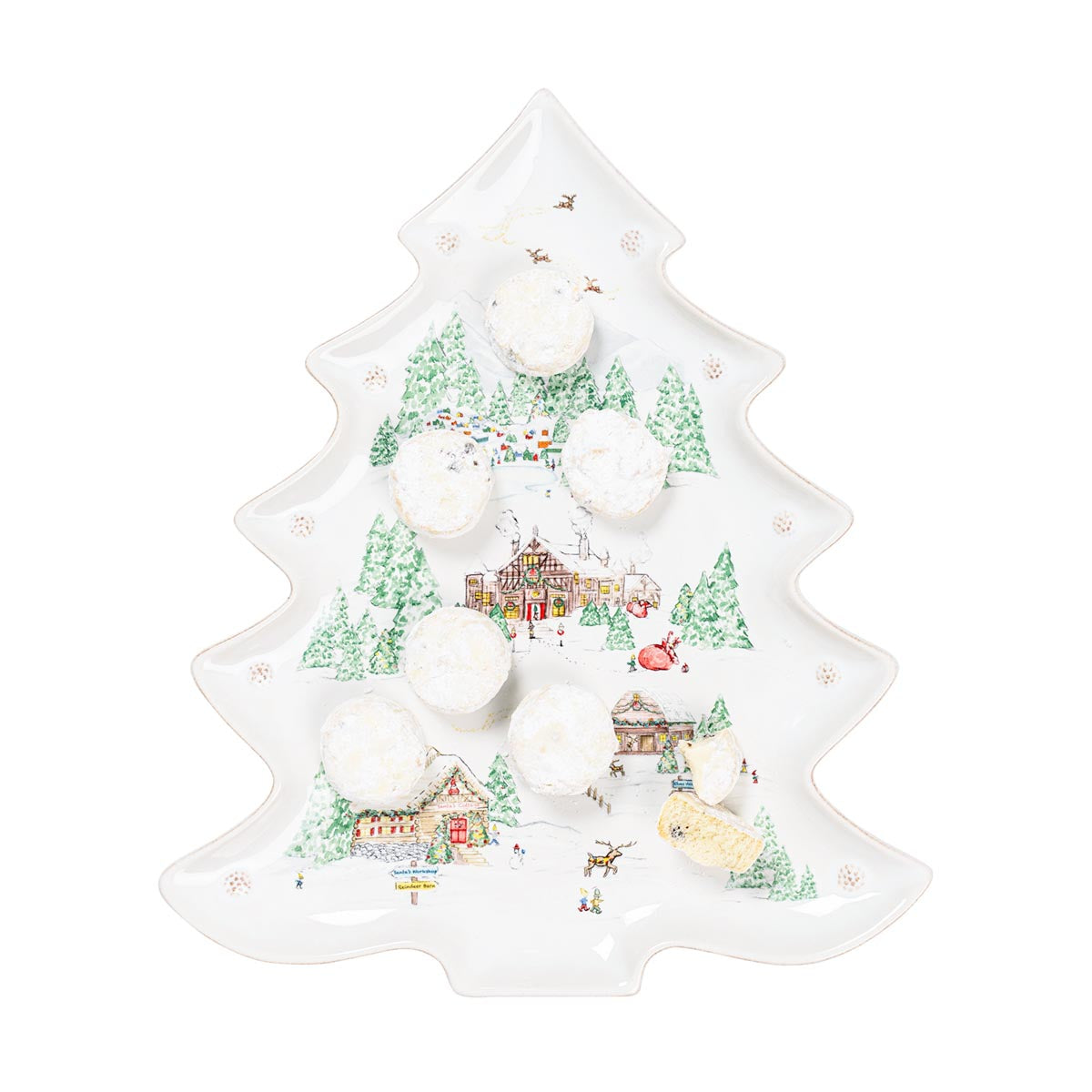 North Pole tree platter holding round iced cakes