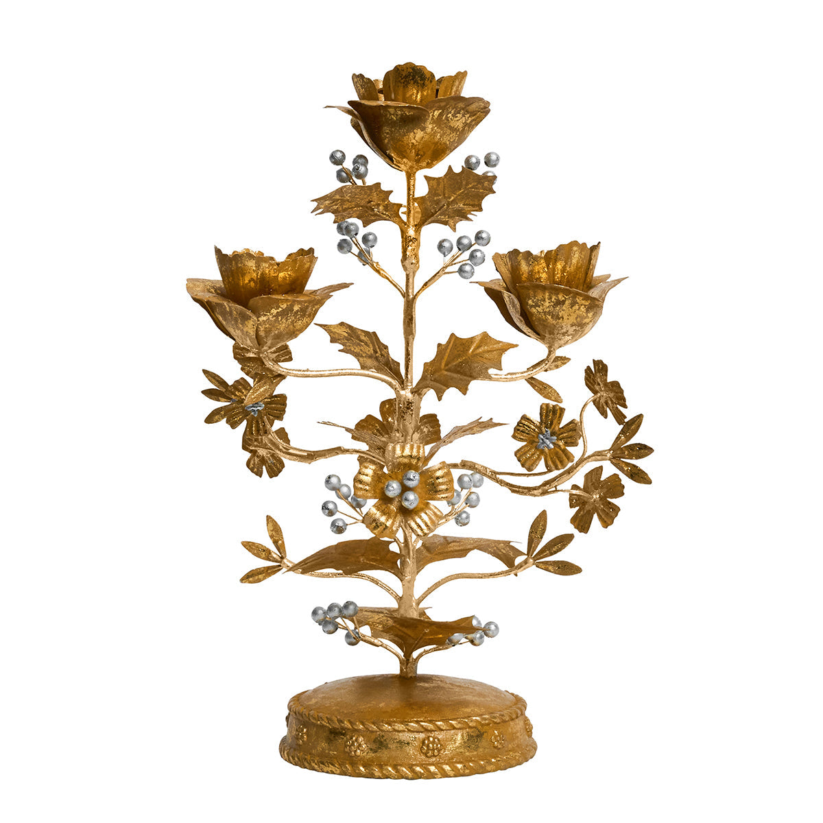 Juliska Forest Walk 13 inch gold holly centerpiece candelabra with silver berries