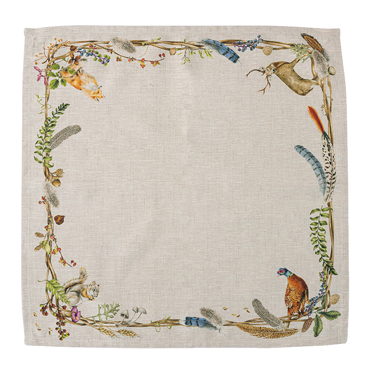 Juliska Forest Walk linen napkin laid flat with twig, fern and woodland animal border