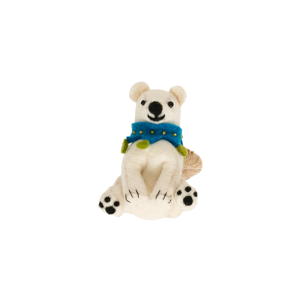 Felt polar bear napkin ring wearing a blue scarf