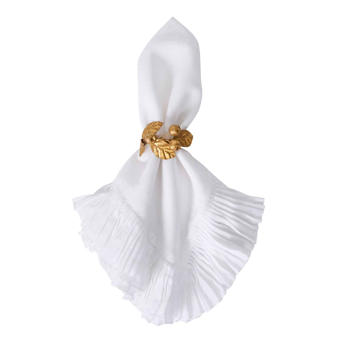 Juliska Forest Walk gold leaf and pinecone napkin ring on a white ruffled napkin