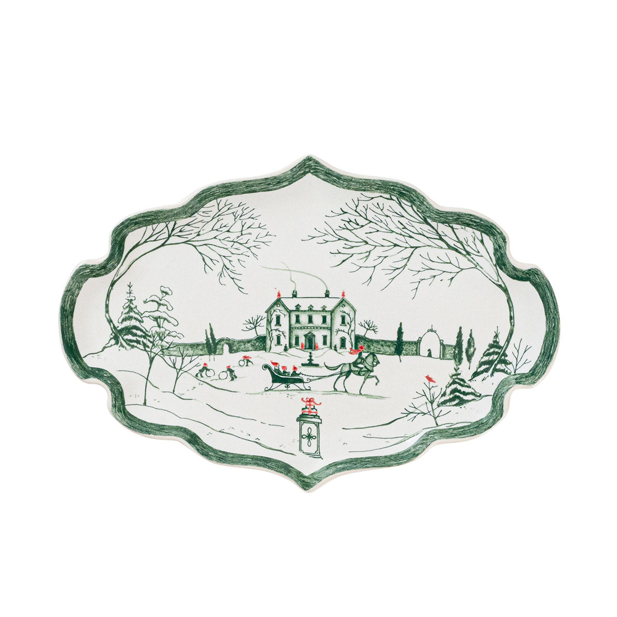Juliska Country Estate Winter Frolic 7 inch tray in evergreen with a scalloped green rim and the snowy main house