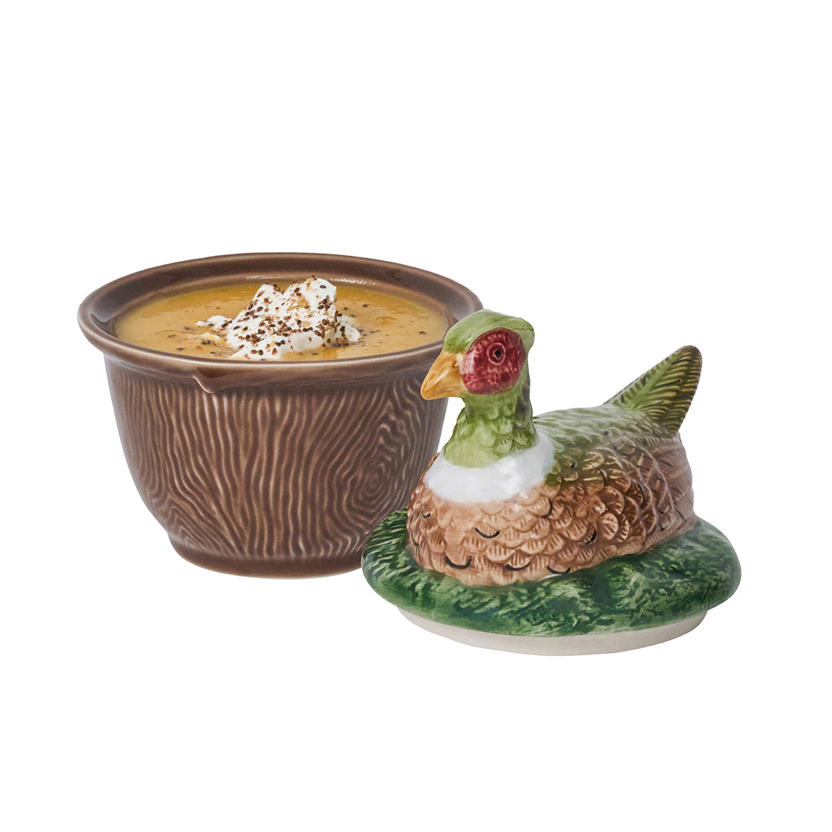 Juliska Forest Walk pheasant lidded bowl filled with soup, the pheasant lid set beside the bowl