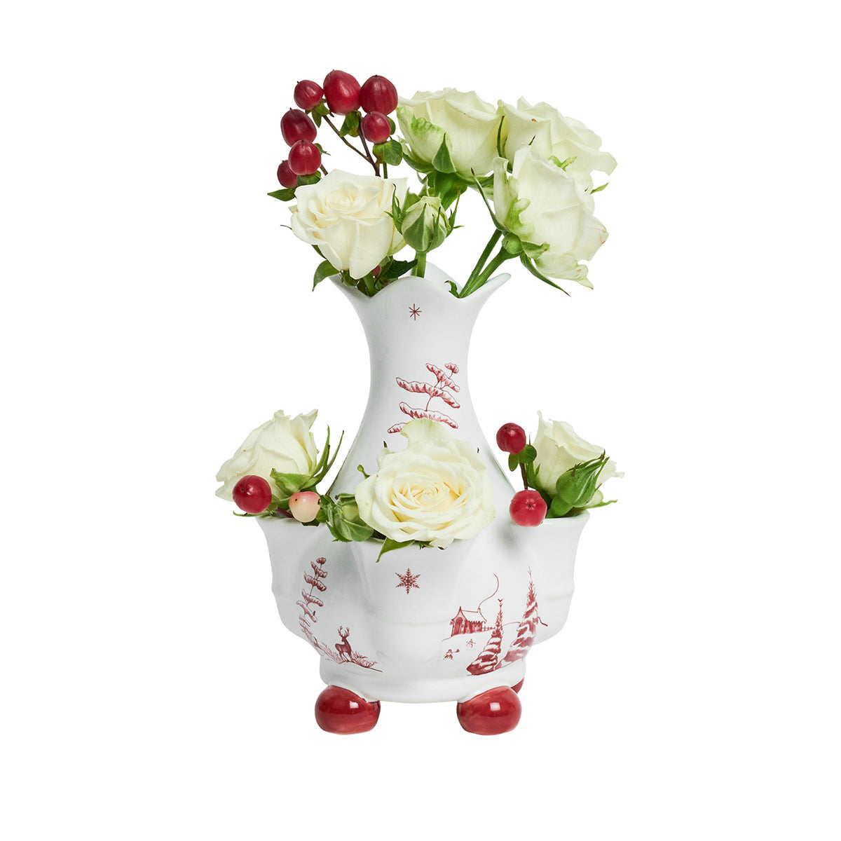 Ruby Winter Frolic petite tulipiere vase with white roses and red berries