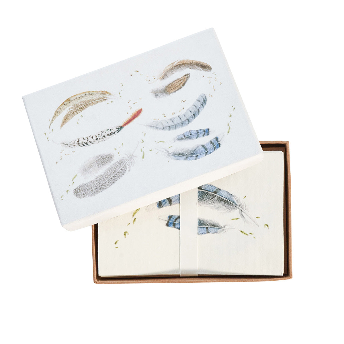 Juliska Forest Walk feather note cards in an open box with the lid set above