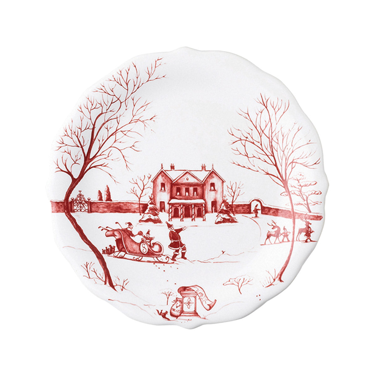 Ruby Winter Frolic party plate with Santa's sleigh in front of the main house