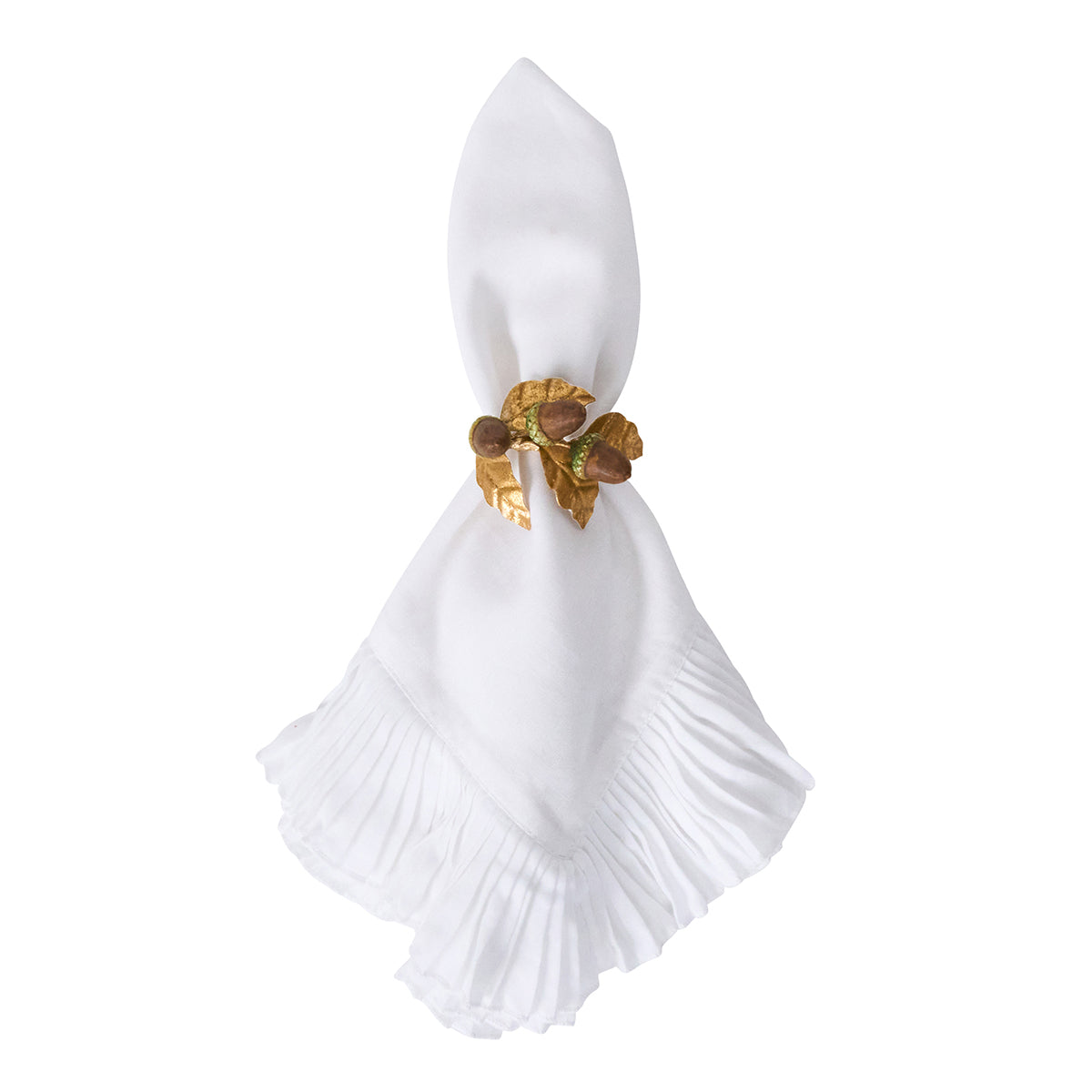 Juliska Forest Walk acorn napkin ring on a white ruffled napkin