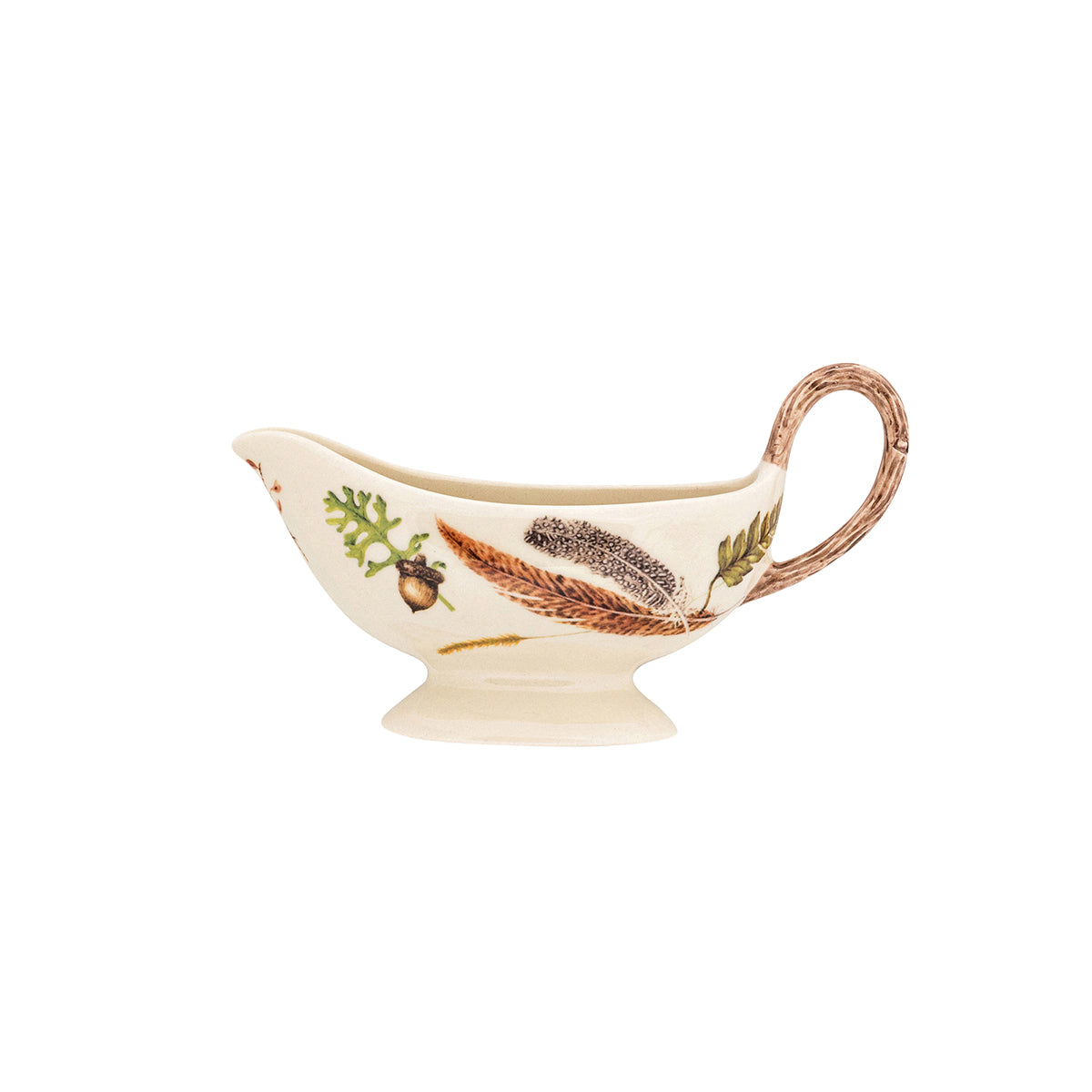 Juliska Forest Walk sauce boat with a painted feather and twig handle, shown without its stand