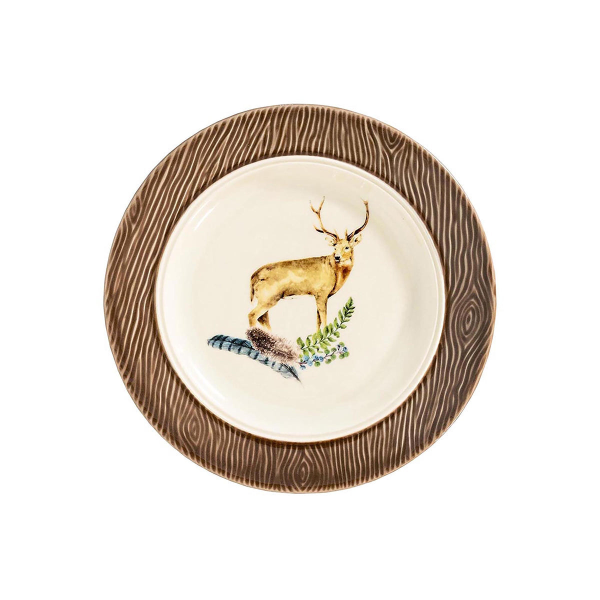 Juliska Forest Walk stag cocktail plate with a painted stag in the center and a brown woodgrain rim