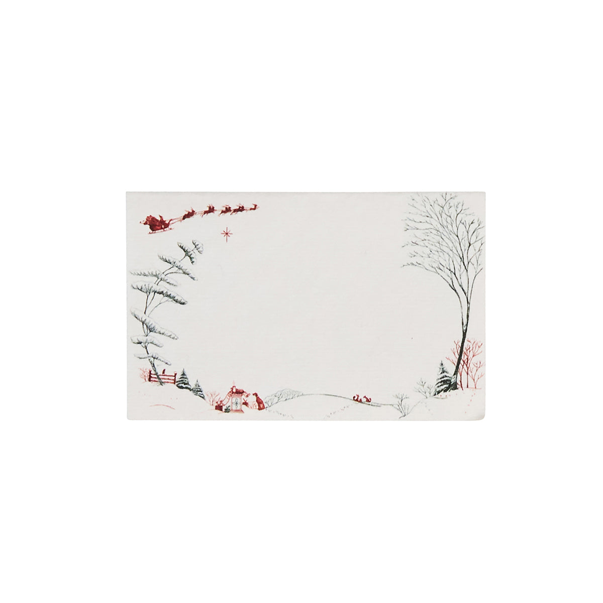 Juliska Country Estate Winter Frolic place card with an evergreen winter scene and Santa's sleigh