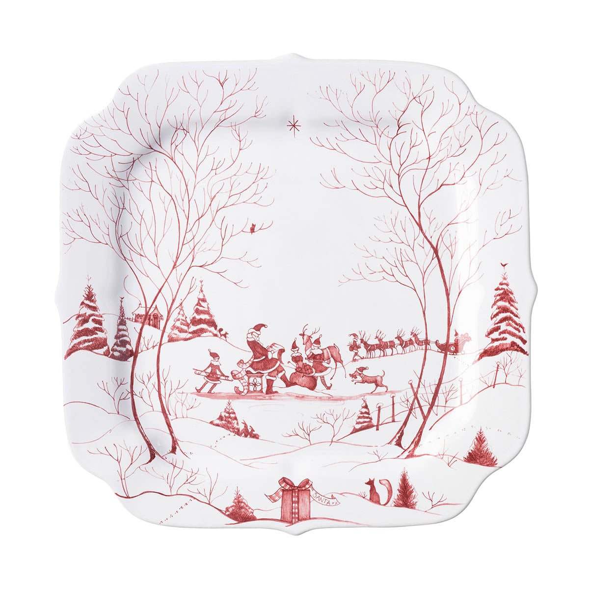 Juliska Country Estate Winter Frolic 12 inch square cookie tray in ruby with a snowy estate scene