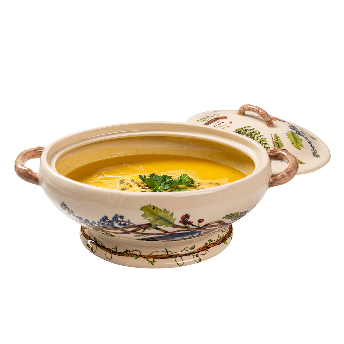 Juliska Forest Walk tureen with the lid removed, filled with orange soup