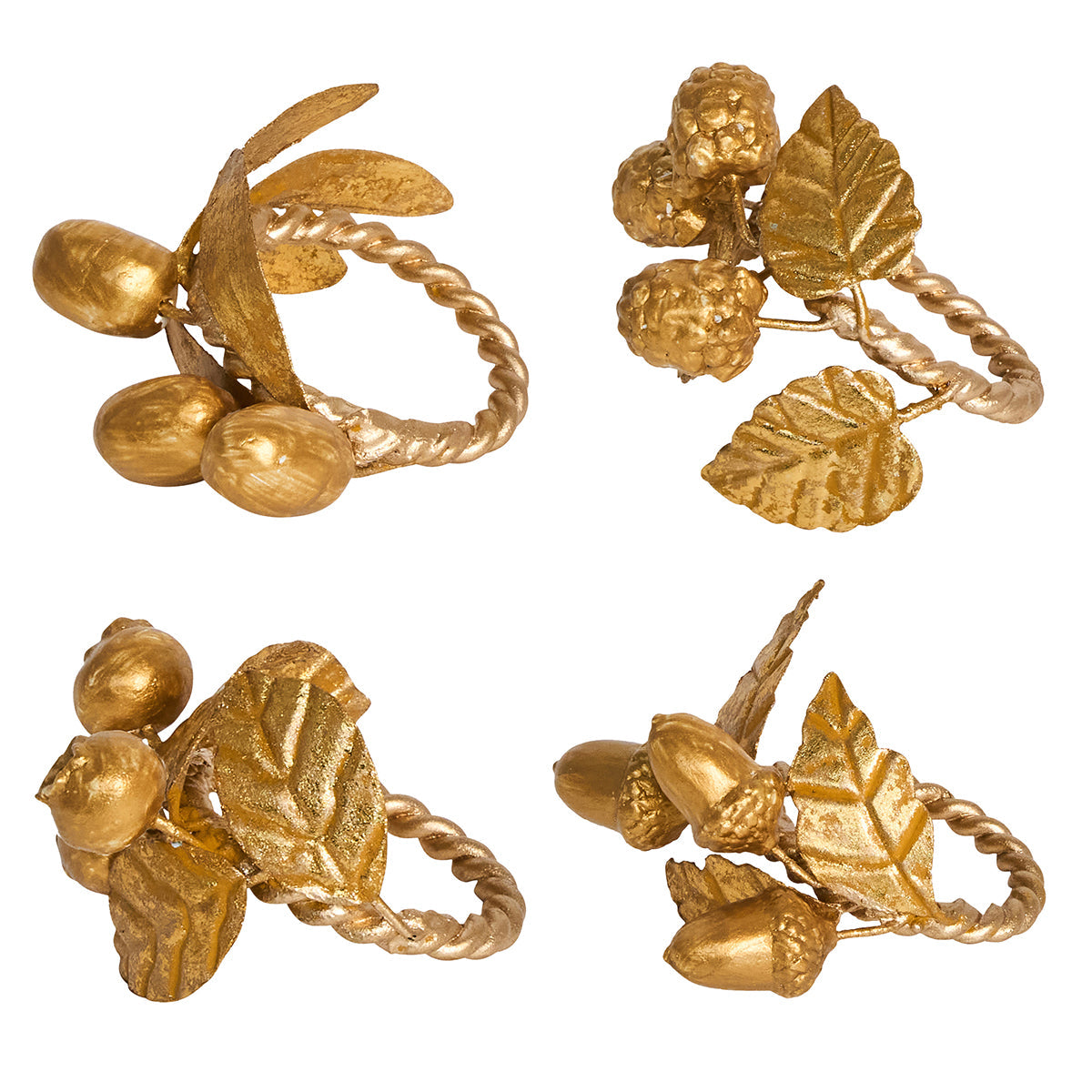 Juliska Forest Walk set of four assorted gold leaf, acorn and pinecone napkin rings