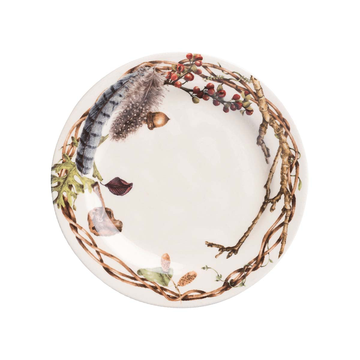 Juliska Forest Walk salad plate with a painted wreath of twigs, a blue feather and acorns