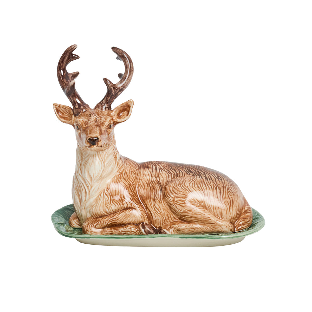 Juliska Forest Walk stag butter dish with a reclining stag lid on a green leaf base