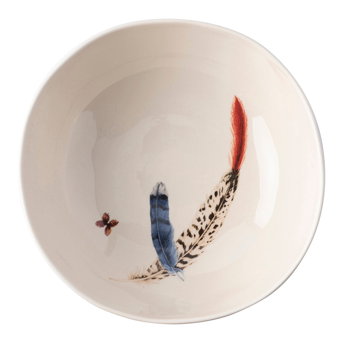 Juliska Forest Walk 10 inch serving bowl viewed from above, showing blue and red feathers painted inside
