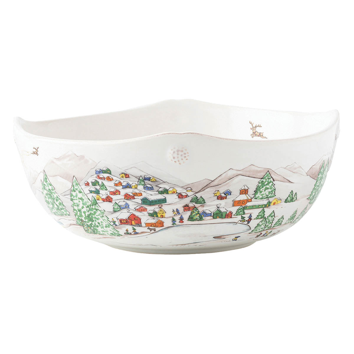 Juliska Berry & Thread North Pole 10 inch serving bowl painted with the elves' village and Santa's cottage