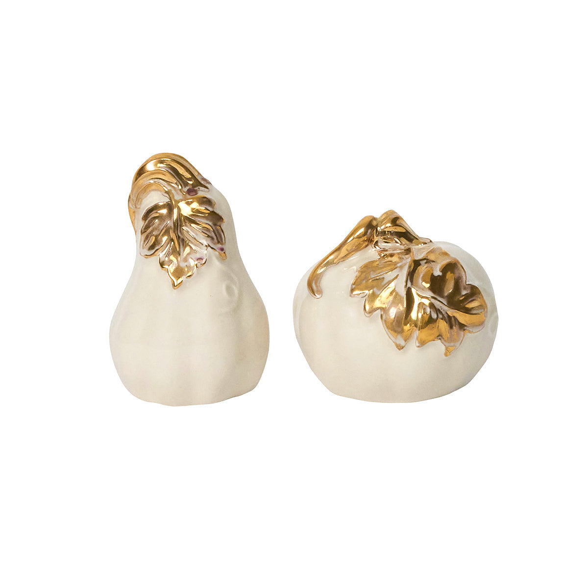 Juliska Forest Walk white pumpkin and gourd salt and pepper shakers with gold leaf tops